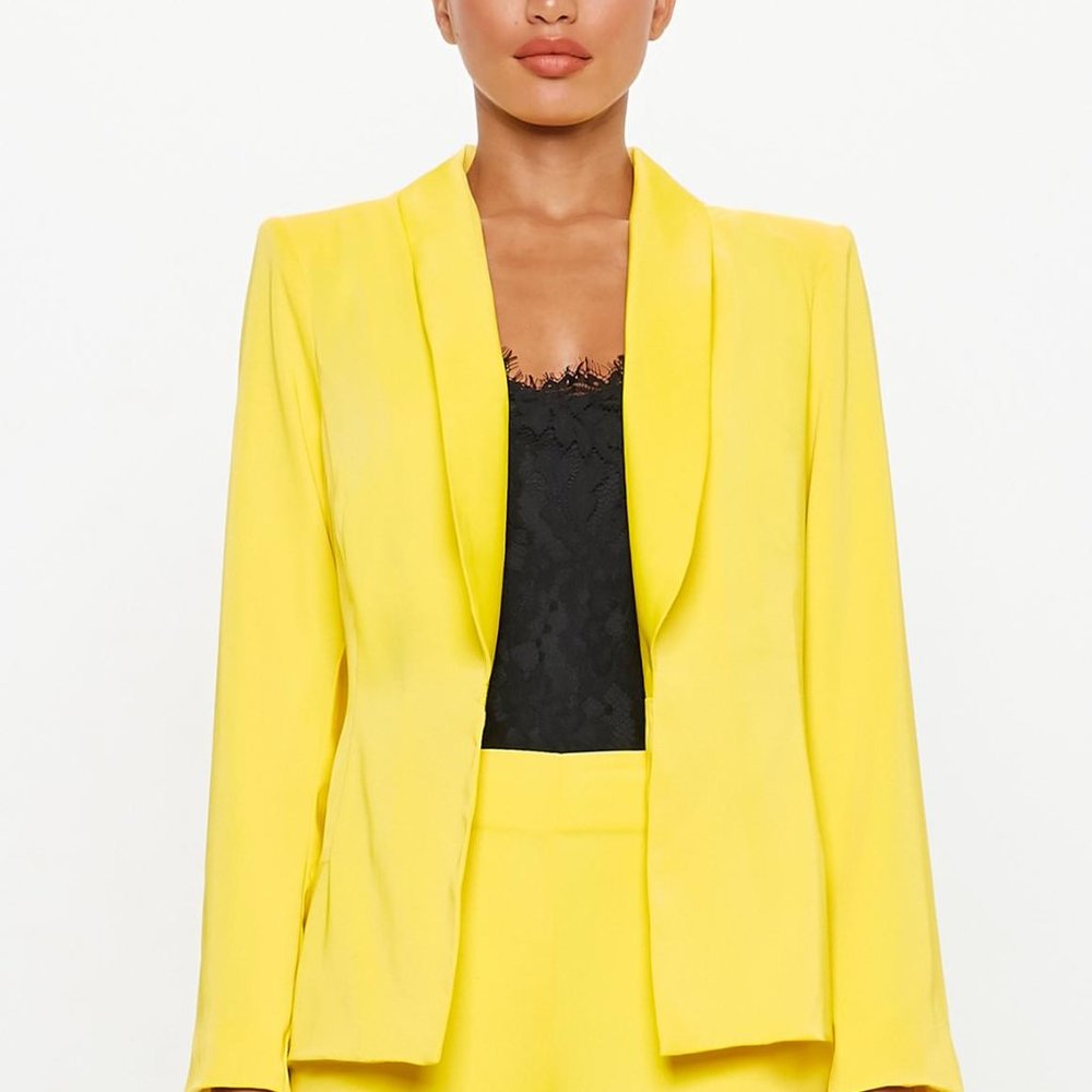 Yellow MissGuided Peace + Love Silky 2 Piece Suit. Wide Legged